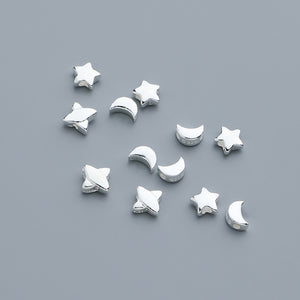 10pcs S925 Vegan Silver Star & Moon Spacer Beads - Glossy Geometric