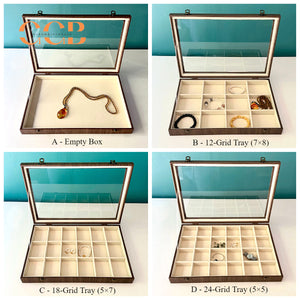 Large Wood Grain Jewelry Display Box with Glass Lid, Storage Tray