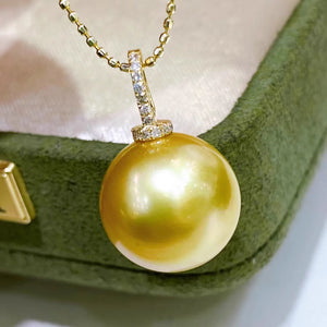 South Sea Gold Pearl Pendant, Deep Golden Round Pearl with 18K Bail