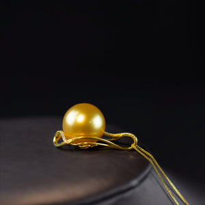 5A 13–14mm Deep Golden South Sea Pearl Pendant, Luxury 18K Gold Setting Gift for Mom, Round Sea Pearl No Chain Included