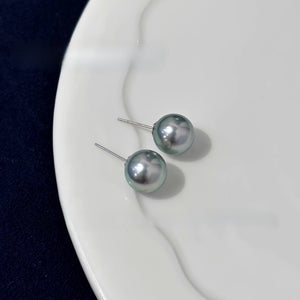 3A 8–11mm Platinum Grey Tahitian Pearl Stud Earrings, Natural Round Sea Pearls in 18K Gold, Mirror Luster Grandma Grey Elegant Jewelry
