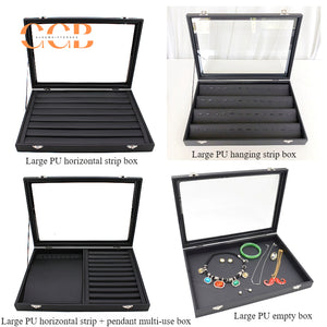 Black Leather Jewelry Display Box with Lid, Medium or Large Size