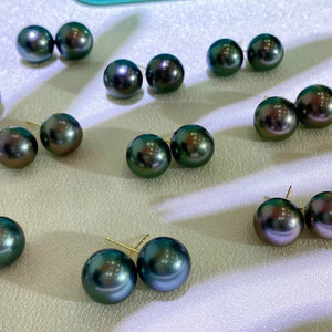 4A 8-14mm Nearly Flawless Tahitian Black Pearl Earrings Custom in 18K Yellow or White Gold Natural Round Seawater Peacock Green Pearl