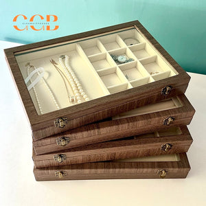 Large Wood Grain Jewelry Display Box with Glass Lid, Storage Tray