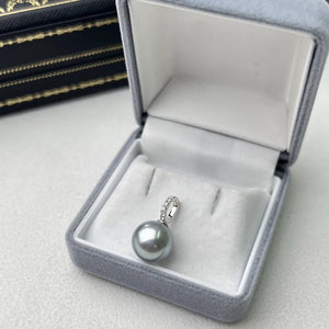 3A 10–15mm Platinum Grey Tahitian Pearl Pendant, Round Natural Pearl in 18K White Gold Zircon Bail, Strong Luster, Silver Chain Included