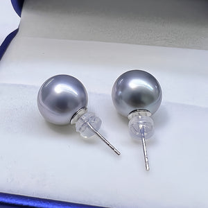 5A 8–12mm Round Tahitian Pearl Stud Earrings, Natural Platinum Grey Sea Pearls in 18K Gold, Strong Luster Elegant Basic Style Jewelry