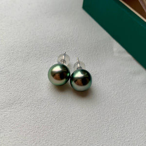 4A 8-14mm Nearly Flawless Tahitian Black Pearl Earrings Custom in 18K Yellow or White Gold Natural Round Seawater Peacock Green Pearl