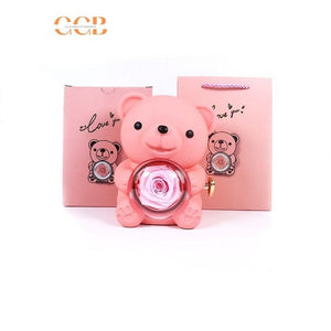Preserved Flower Teddy Bear Rose Ring and Pendant Box