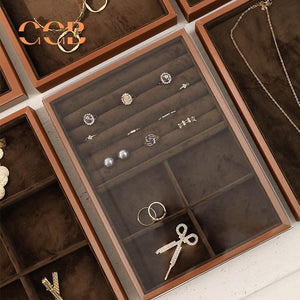 Brown Velvet Jewelry Box with Cover for Travel and Retail Display