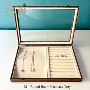 Large Wood Grain Jewelry Display Box with Glass Lid, Storage Tray