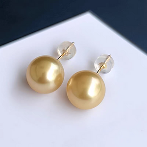 5A 8–15mm Golden South Sea Pearl Stud Earrings in 18K Gold Setting