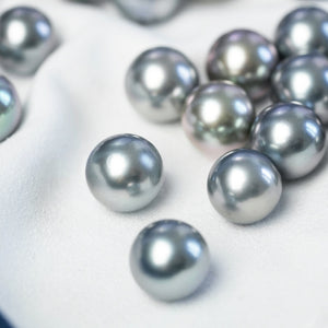4A 9–14mm Matched Round Tahitian Pearl Pair, Platinum Grey Mirror Luster Sea Pearls, Natural Undrilled Beads for Earrings or Pendant