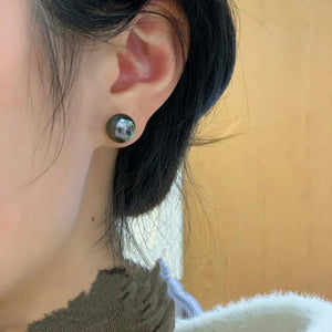 4A 8-14mm Nearly Flawless Tahitian Black Pearl Earrings Custom in 18K Yellow or White Gold Natural Round Seawater Peacock Green Pearl