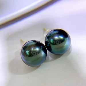 4A 8-14mm Nearly Flawless Tahitian Black Pearl Earrings Custom in 18K Yellow or White Gold Natural Round Seawater Peacock Green Pearl