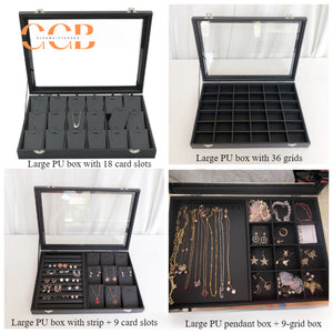 Black Leather Jewelry Display Box with Lid, Medium or Large Size