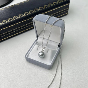 3A 10–15mm Platinum Grey Tahitian Pearl Pendant, Round Natural Pearl in 18K White Gold Zircon Bail, Strong Luster, Silver Chain Included