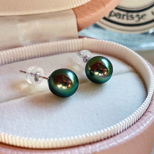 4A 8-14mm Nearly Flawless Tahitian Black Pearl Earrings Custom in 18K Yellow or White Gold Natural Round Seawater Peacock Green Pearl