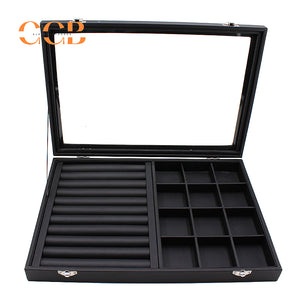 Black Leather Jewelry Display Box with Lid, Medium or Large Size