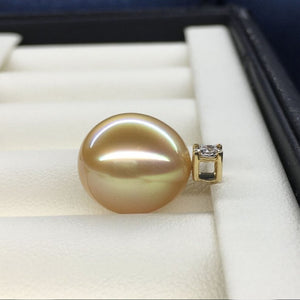 5A 13–14mm Oval Golden South Sea Pearl Pendant, 18K Gold Diamond Drop Setting, Teardrop Sea Pearl Diana Style, Custom Color Match