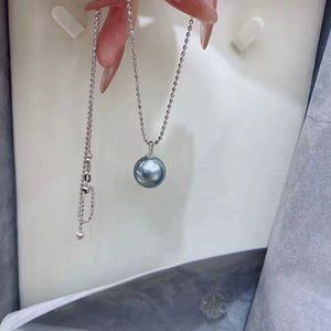 3A 10–15mm Platinum Grey Tahitian Pearl Pendant, Round Natural Pearl in 18K White Gold Zircon Bail, Strong Luster, Silver Chain Included