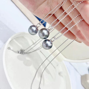 3A 10–15mm Platinum Grey Tahitian Pearl Pendant, Round Natural Pearl in 18K White Gold Zircon Bail, Strong Luster, Silver Chain Included