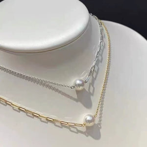 S925 Sterling Silver or Gold Necklace Setting for 8–16mm Half-Drilled Pearls, Paperclip Chain DIY Mount for Custom Pearl Jewelry