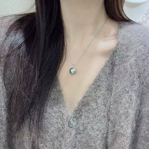 3A 10–15mm Platinum Grey Tahitian Pearl Pendant, Round Natural Pearl in 18K White Gold Zircon Bail, Strong Luster, Silver Chain Included