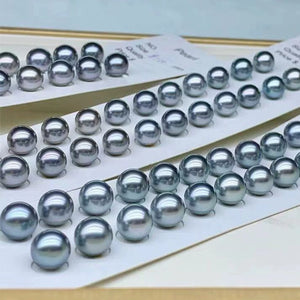 5A 8–12mm Round Tahitian Pearl Stud Earrings, Natural Platinum Grey Sea Pearls in 18K Gold, Strong Luster Elegant Basic Style Jewelry