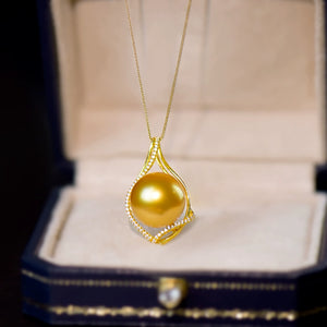 5A 13–14mm Deep Golden South Sea Pearl Pendant, Luxury 18K Gold Setting Gift for Mom, Round Sea Pearl No Chain Included