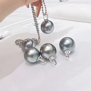 3A 10–15mm Platinum Grey Tahitian Pearl Pendant, Round Natural Pearl in 18K White Gold Zircon Bail, Strong Luster, Silver Chain Included