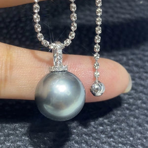 3A 10–15mm Platinum Grey Tahitian Pearl Pendant, Round Natural Pearl in 18K White Gold Zircon Bail, Strong Luster, Silver Chain Included