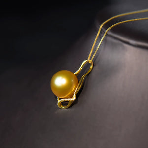 5A 13–14mm Deep Golden South Sea Pearl Pendant, Luxury 18K Gold Setting Gift for Mom, Round Sea Pearl No Chain Included