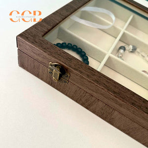 Large Wood Grain Jewelry Display Box with Glass Lid, Storage Tray