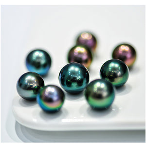 5A 8–14mm Natural Round Tahitian Black Pearl, Flawless Peacock Green Blue Purple Sea Pearl, Undrilled Loose Bead for Custom Jewelry