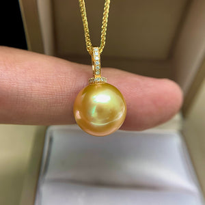 5A 12–14mm Deep Golden South Sea Pearl Pendant, Round Flawless Pearl in 18K Gold Diamond Bail, Luxury High Luster Sea Pearl Jewelry