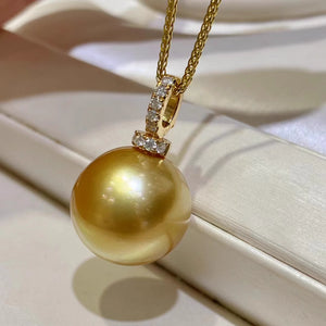 South Sea Gold Pearl Pendant, Deep Golden Round Pearl with 18K Bail