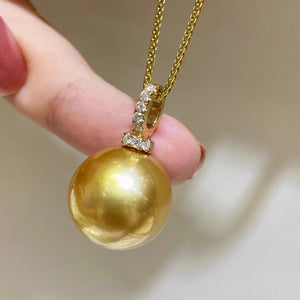 South Sea Gold Pearl Pendant, Deep Golden Round Pearl with 18K Bail