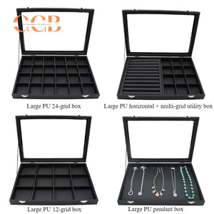 Black Leather Jewelry Display Box with Lid, Medium or Large Size