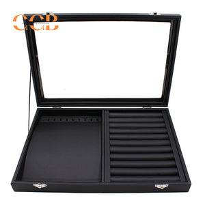 Black Leather Jewelry Display Box with Lid, Medium or Large Size