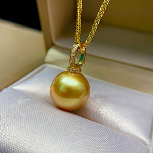 5A 12–14mm Deep Golden South Sea Pearl Pendant, Round Flawless Pearl in 18K Gold Diamond Bail, Luxury High Luster Sea Pearl Jewelry