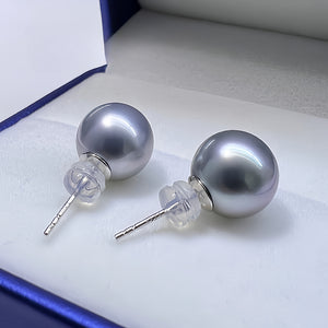 5A 8–12mm Round Tahitian Pearl Stud Earrings, Natural Platinum Grey Sea Pearls in 18K Gold, Strong Luster Elegant Basic Style Jewelry