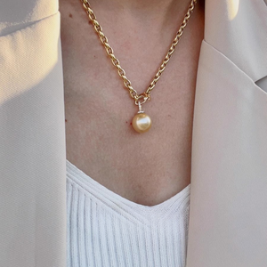 3A 12mm Light Golden South Sea Pearl Pendant, Round Natural Sea Pearl in 18K Gold Clip Bail, Moveable Clasp for DIY or Fine Necklace