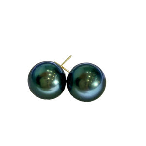 4A 8-14mm Nearly Flawless Tahitian Black Pearl Earrings Custom in 18K Yellow or White Gold Natural Round Seawater Peacock Green Pearl