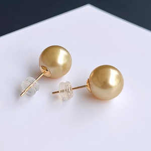 5A 8–15mm Golden South Sea Pearl Stud Earrings in 18K Gold Setting