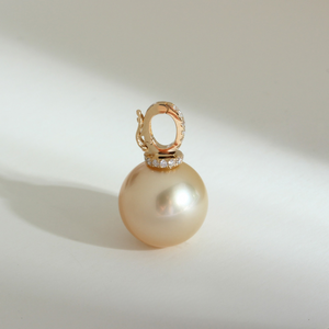 3A 12mm Light Golden South Sea Pearl Pendant, Round Natural Sea Pearl in 18K Gold Clip Bail, Moveable Clasp for DIY or Fine Necklace