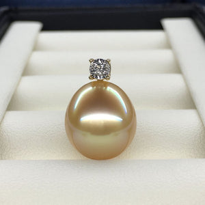 5A 13–14mm Oval Golden South Sea Pearl Pendant, 18K Gold Diamond Drop Setting, Teardrop Sea Pearl Diana Style, Custom Color Match