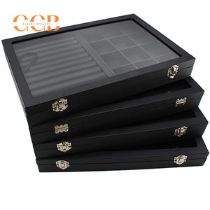 Black Leather Jewelry Display Box with Lid, Medium or Large Size