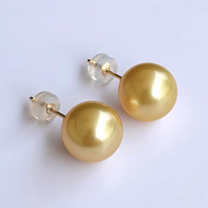 5A 8–15mm Golden South Sea Pearl Stud Earrings in 18K Gold Setting