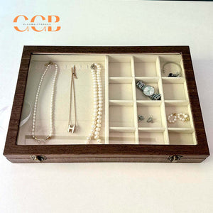 Large Wood Grain Jewelry Display Box with Glass Lid, Storage Tray