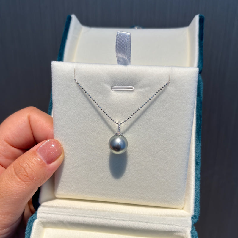 4A 9–13mm Platinum Grey Tahitian Pearl Pendant Necklace, Natural Round Sea Pearl on 45cm Adjustable 925 Silver Chain, Elegant Jewelry